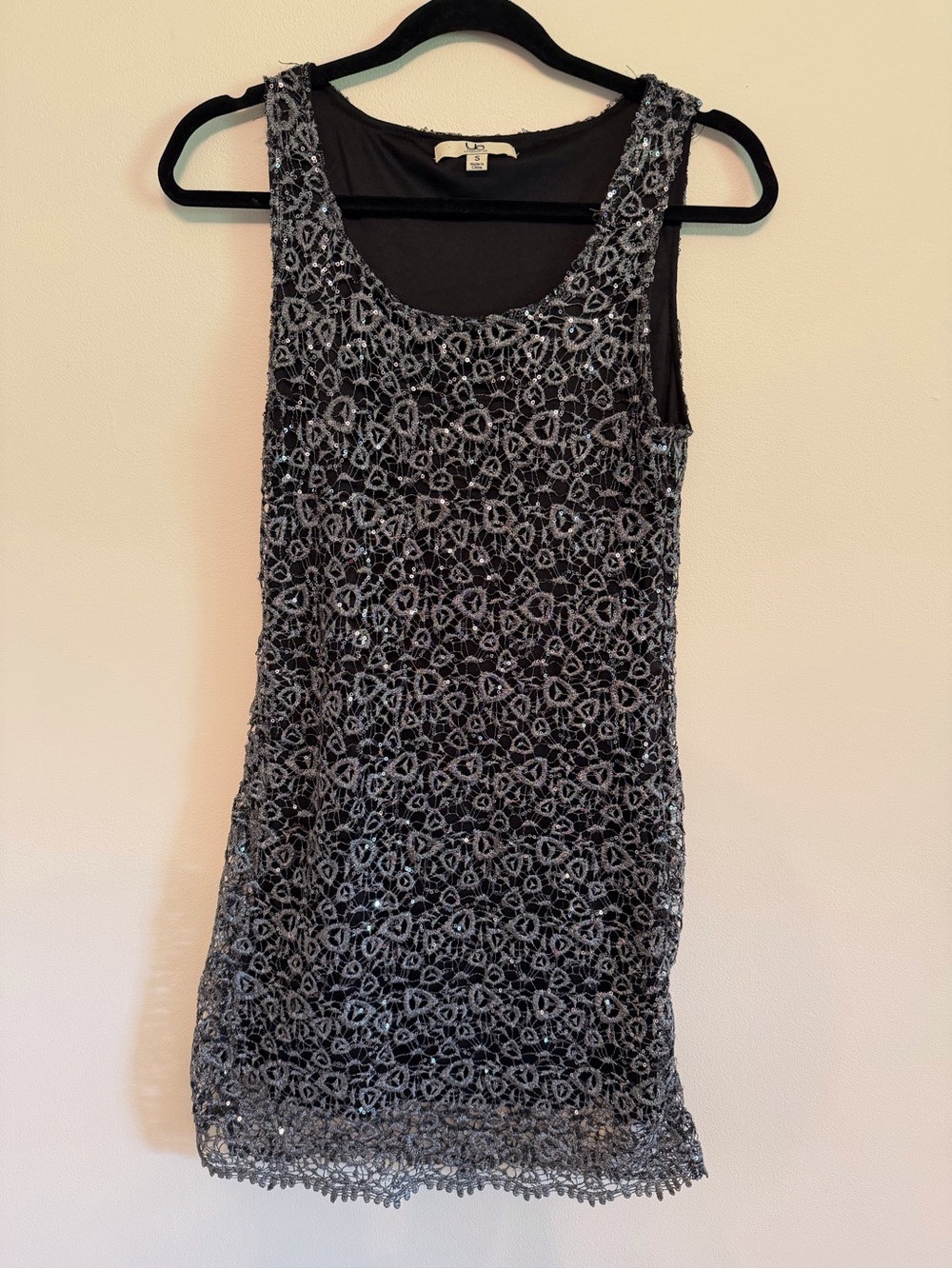 Ya Los Angeles Black and Silver Sequin Floral Scoop Neck Mini Dress